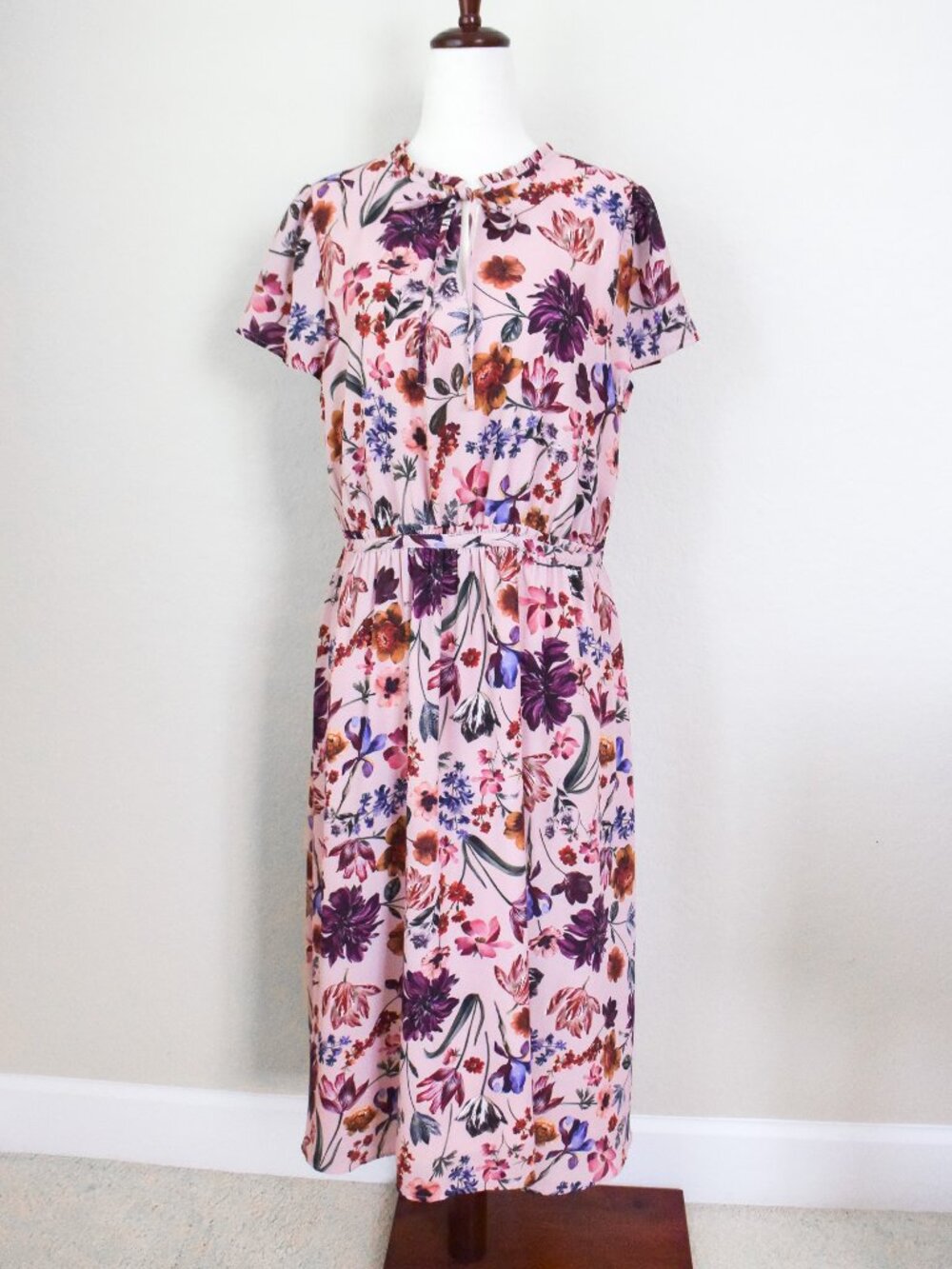 *J.Crew* Pink Botanical Floral Ruffle Neck Midi Dress, size MEDIUM - NEW!